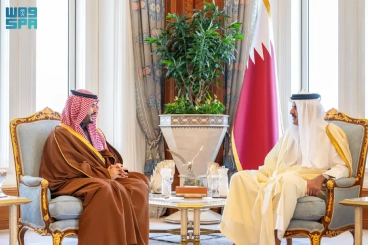Emir of Qatar Sheikh Tamim bin Hamad Al Thani holds talks with Saudi Minister of Defense Prince Khalid bin Salman in Doha on Wednesday.