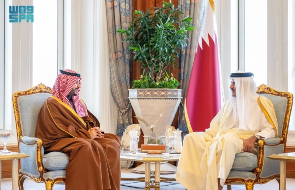 Emir of Qatar Sheikh Tamim bin Hamad Al Thani holds talks with Saudi Minister of Defense Prince Khalid bin Salman in Doha on Wednesday.