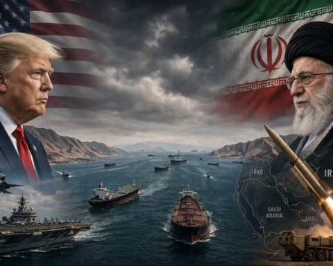 US Iran frozen war standoff showing Strait of Hormuz ships and regional conflict map.