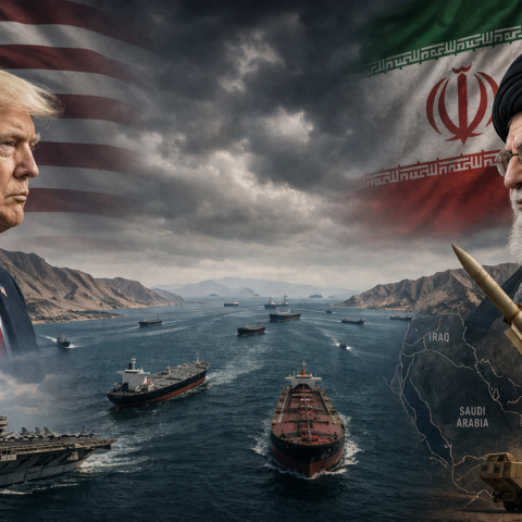 US Iran frozen war standoff showing Strait of Hormuz ships and regional conflict map.