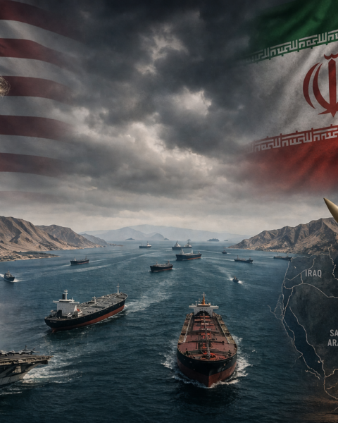 US Iran frozen war standoff showing Strait of Hormuz ships and regional conflict map.