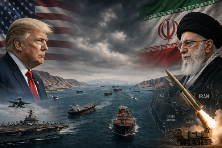 US Iran frozen war standoff showing Strait of Hormuz ships and regional conflict map.
